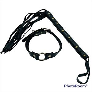 Black Leather Tassel Riding Whip & O Ring Choker